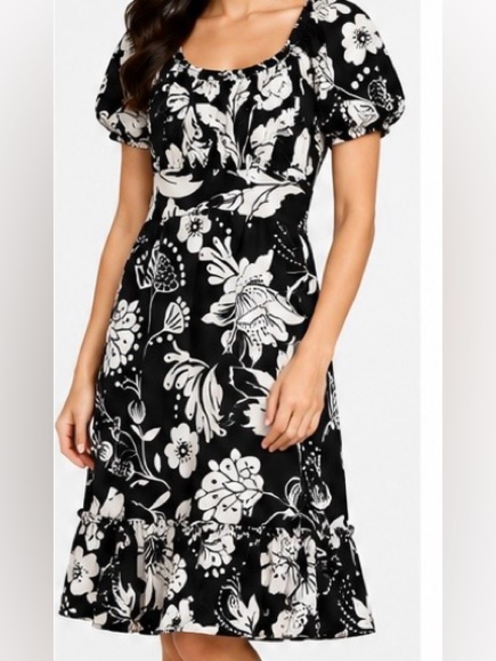 321. Black and White Floral Scoop-Neck Women's Dress